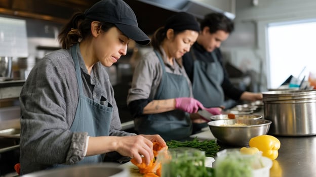 Staff members in uniform collaborating in a busy kitchen chopping vegetables and stirring pots as they work efficiently to prepare meals during peak service hours photo