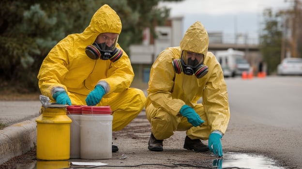 A hazmat team in protective suits assessing a chemical spill carefully examining the scene while using specialized equipment and ensuring safety photo