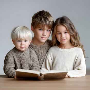 Adorable Siblings in Knitwear Reading a Book Together Studio Shot photo