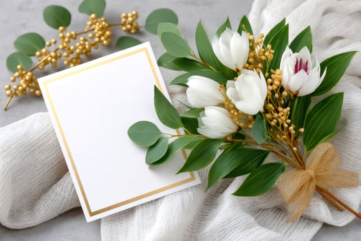 Elegant white flowers bouquet with greeting card on white cloth photo