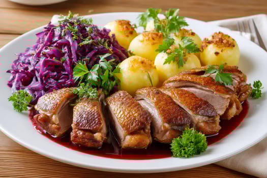 Sliced Roasted Duck Breast with Red Cabbage, Dumplings and Berry Sauce on White Plate photo