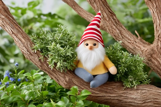Plush garden gnome sitting on a tree branch surrounded by green plants photo