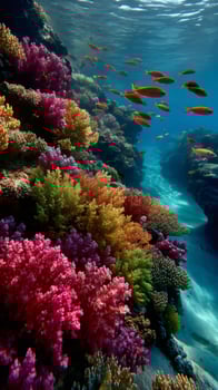 Colorful coral reef thriving in clear blue water with school of fish swimming nearby photo