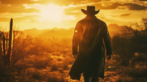 A man in a cowboy hat and coat walking in the desert photo