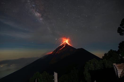 Night eruption of Fuego Volcano with Milky Way in Guatemala photo
