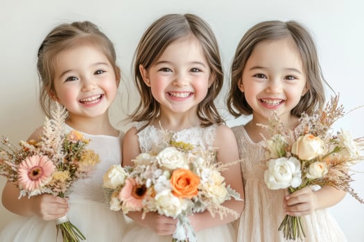 Three young flower girls wearing white dresses are holding bouquets of flowers and smiling brightly photo