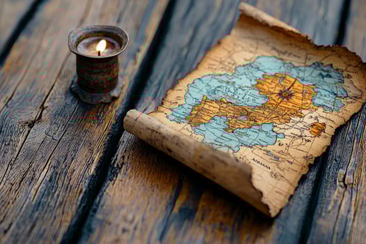 Aged Treasure Map and Lit Candle on Dark Wooden Surface photo