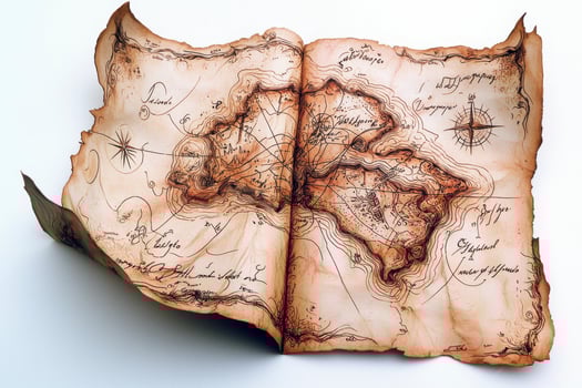 Aged Parchment Treasure Map with Burn Marks on White Background photo