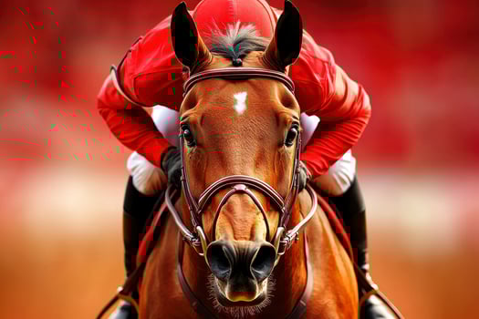 Close Up of Jockey and Brown Horse Racing in Reddish Field photo