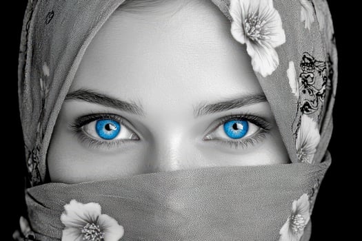 Close Up Portrait Woman Vibrant Blue Eyes Gray Scale Headscarf Black Background photo