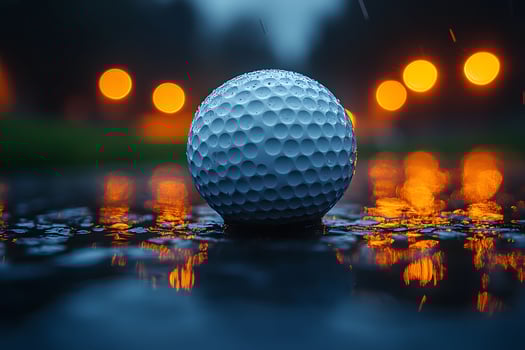 Golf Ball in Rainy Twilight with Bokeh Lights for Sports Photography photo