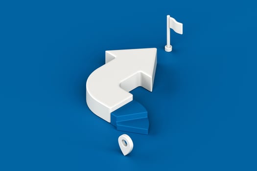 Curved arrow with stair step leading to flag, representing goal achievement through non linear progress, clean metaphor for strategy shifts, alternative paths to success, 3d rendering photo