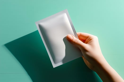 Product photography of a hand holding a blank white sheet packaging photo