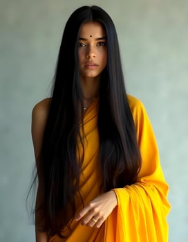 a woman in a yellow sari long hair photo