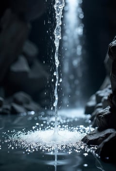 Water falling from a cave ceiling into a pool of water, rocks and cave in the background, dramatic lighting photo