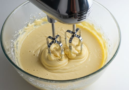 Close-up shot of a hand mixer blending batter in a clear glass bowl, ready for baking. photo