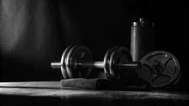 A dumbbell and water bottle on a surface with a towel in a dark black and white scene photo