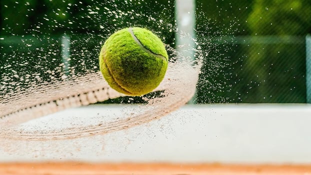 A bright green tennis ball surrounded by a circular splash of water droplets outdoors photo