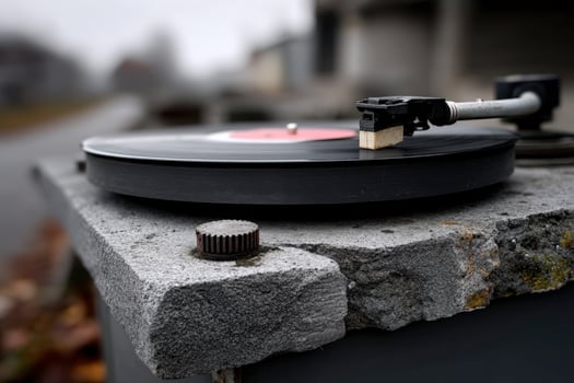 Vintage vinyl record player on stone surface outdoors during a foggy morning photo
