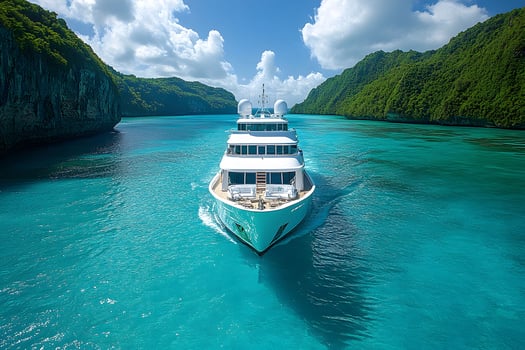 Luxury Yacht on Turquoise Waters Amidst Lush Cliffs for Travel and Adventure Themes photo