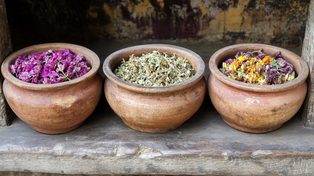 Three pots with dried flowers in them photo