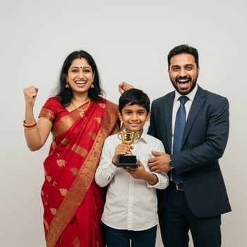 a family of indian parents and son holding a trophy photo
