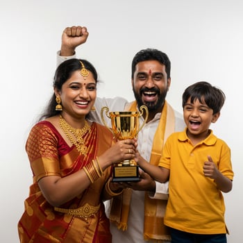 happy indian family with trophy on white background photo