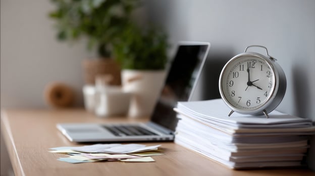 A closeup of a clock on a wall showing the time ticking down with study materials like flashcards and a laptop in the foreground photo