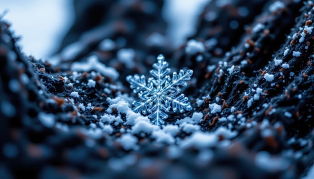 close up of a single snowflake on a wool glove, macro perspective photo