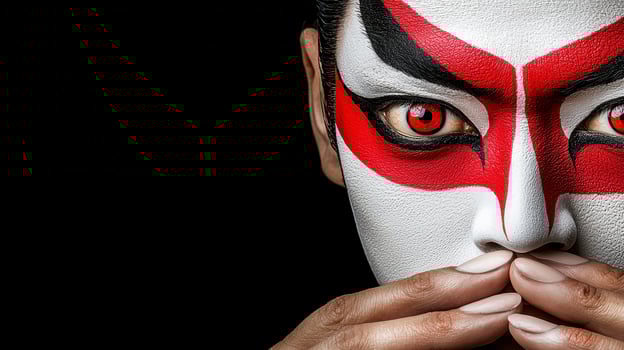 Dramatic Face Paint Close Up Red and Black Design on White Skin with Black Background photo
