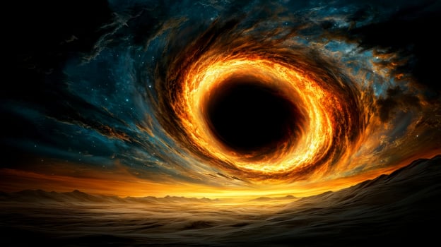 Fiery Black Hole Over Desolate Sunset Landscape photo