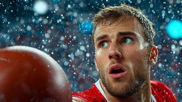 Focused Athlete in Snowy Stadium Close up of a Young Man Playing Football in Winter photo