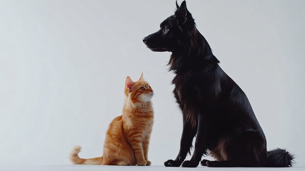 Harmony Between Dog and Cat Sitting Together Isolated on White Background photo