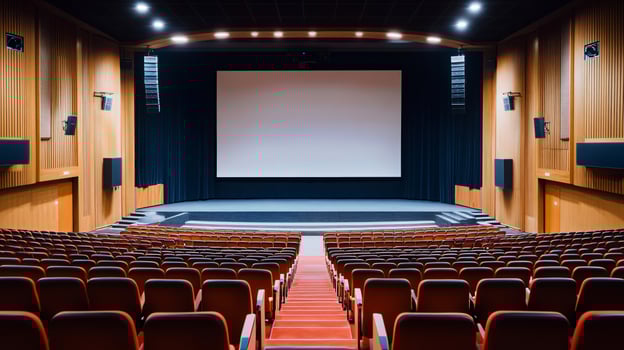 Empty Auditorium with Rows of Seats and Large Screen Display photo