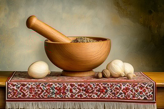 Rustic Still Life with Wooden Mortar Pestle Peppercorns and Mushrooms photo