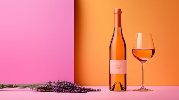 Rose Wine Bottle and Glass with Lavender on Pink and Orange Background photo