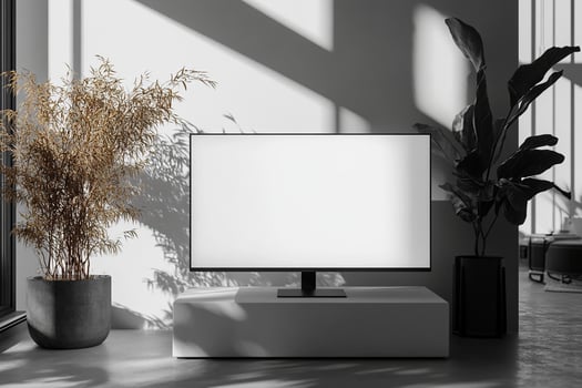 Modern room in light colors with a blank TV screen and indoor plants photo