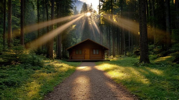 A small cabin in the woods with sunlight shining down on it photo