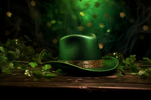 Leprechaun hat and shamrocks celebrating saint patrick's day with green smoke photo