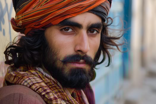 Portrait of young afghan man wearing traditional turban and clothing photo