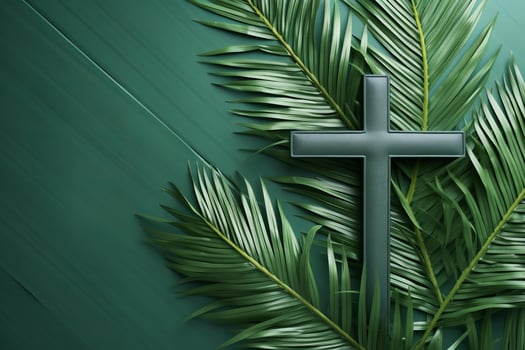Dark wooden cross resting on palm leaves symbolizing faith and spirituality photo
