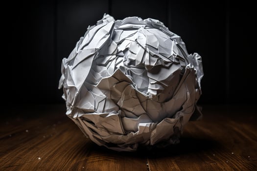 Crumpled paper ball resting on wooden table in dark room photo