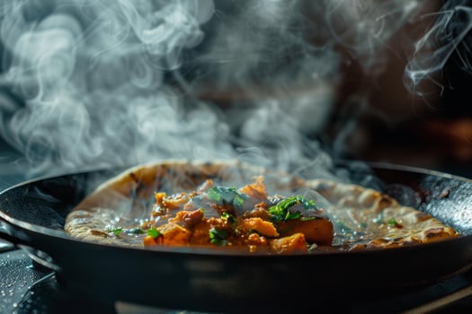 Steaming hot indian curry cooking on naan bread in frying pan photo