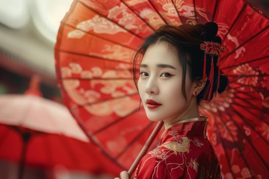 Beautiful chinese woman holding traditional red umbrella and wearing red dress photo