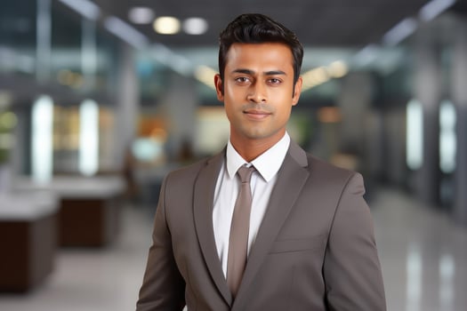 Confident indian businessman smiling in modern office building photo