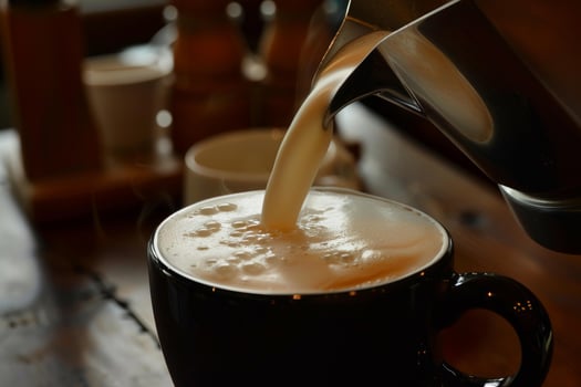 Barista pouring milk foam into coffee cup creating delicious latte art photo