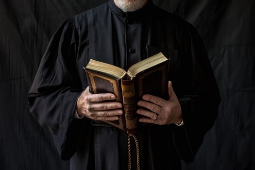 Priest wearing cassock holding open book in church photo
