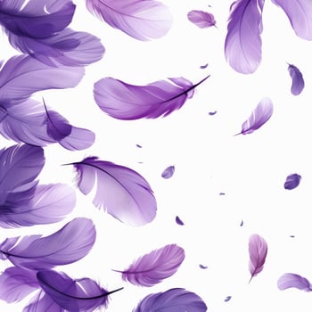 Purple feathers falling on white background, softness and elegance in motion photo