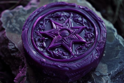 Purple wax seal showing an eight pointed star and mythological figures photo