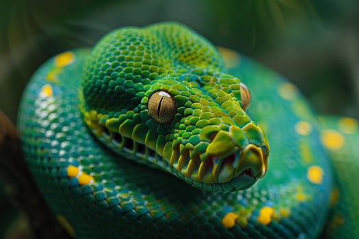 A green snake with yellow spots on its head photo